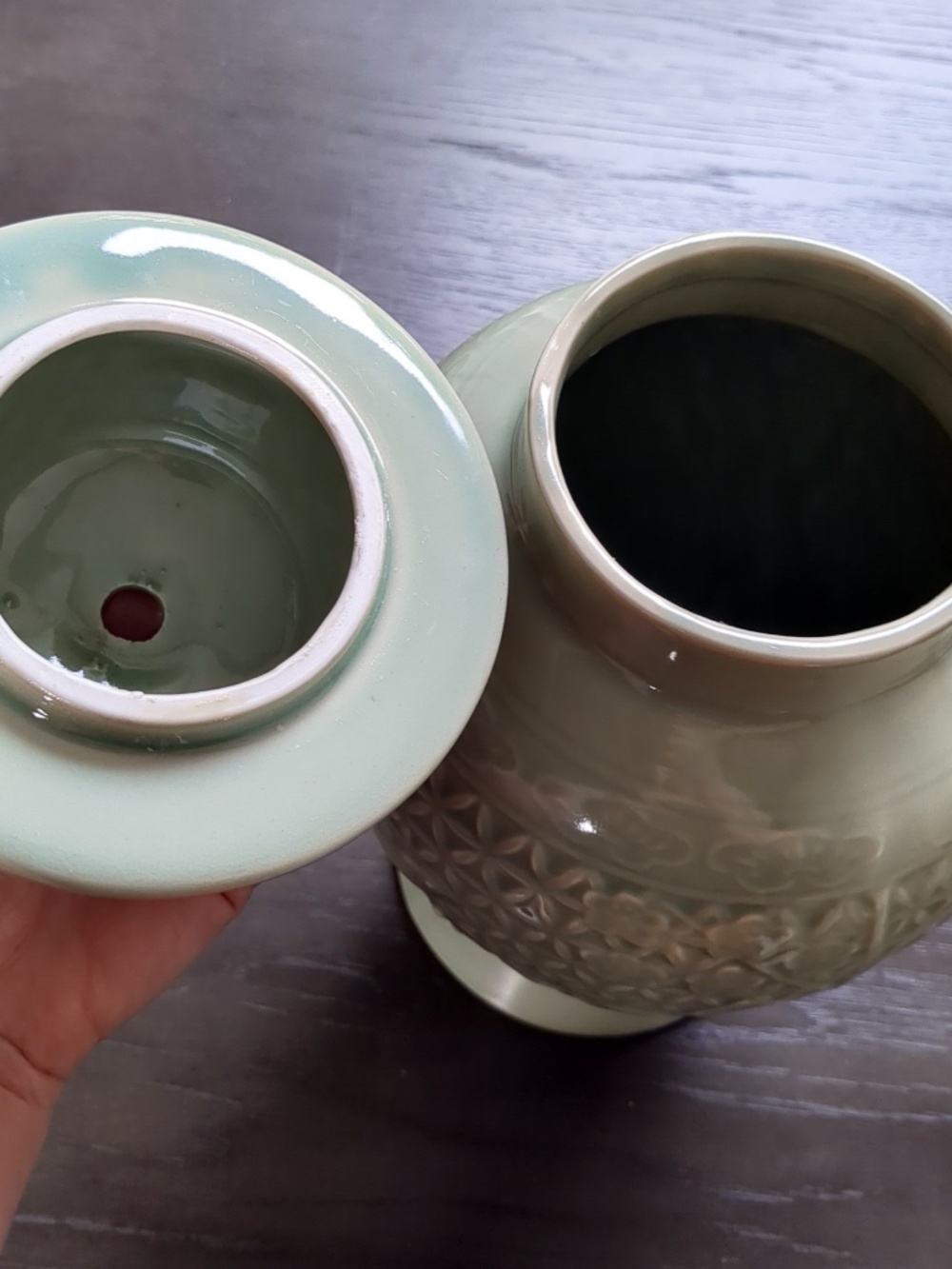 Wildwood Home Celadon Glazed Ginger Jar Lamp Base w/ Floral Fauna Engraving - Picture 8 of 13